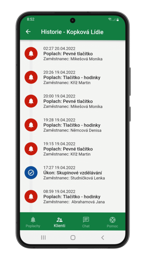 Historie poplachů klientky Kopkové Lídie v mobilní aplikaci HelpLivi
