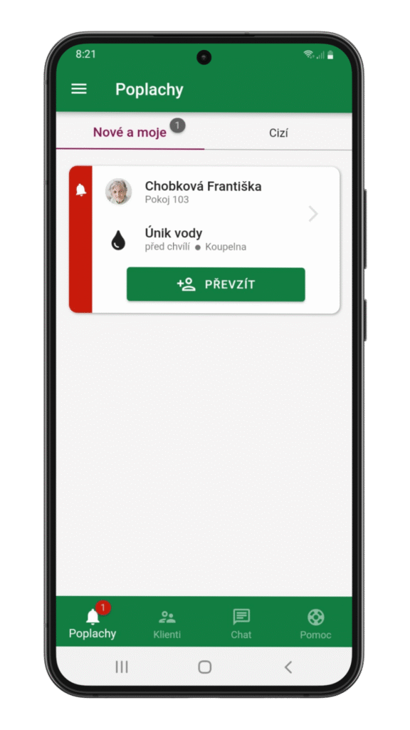Detail přijatého poplachu úniku vody v prádelně – automatická detekce rizik HelpLivi, právě řeší Kalivodová Radka