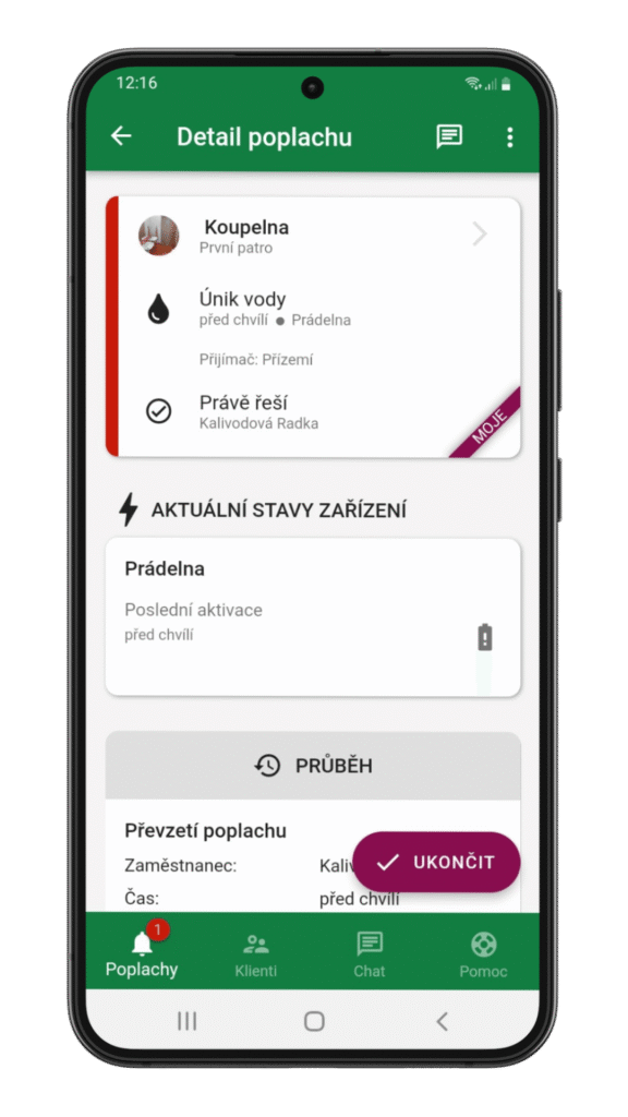 Poplach úniku vody v koupelně klientky Chobkové Františky – automatická detekce rizik v aplikaci HelpLivi